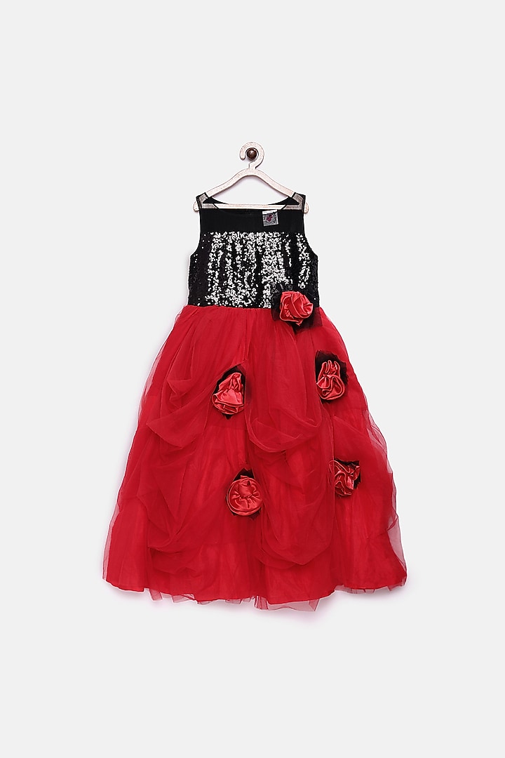 Black & Red Sequins Floral Gown For Girls by Pink Cow