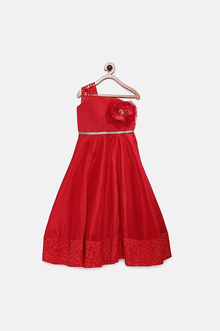 Red Ankle Length Quilted Gown For Girls by Pink Cow