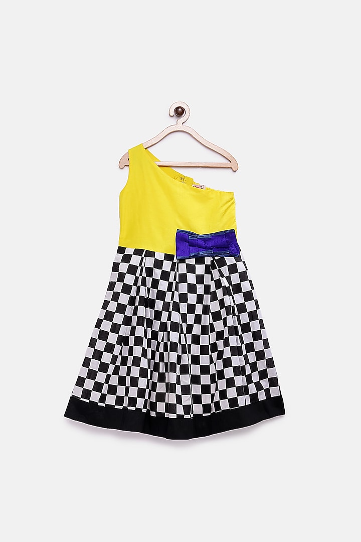 Yellow Checkered Gown With Bow For Girls by Pink Cow