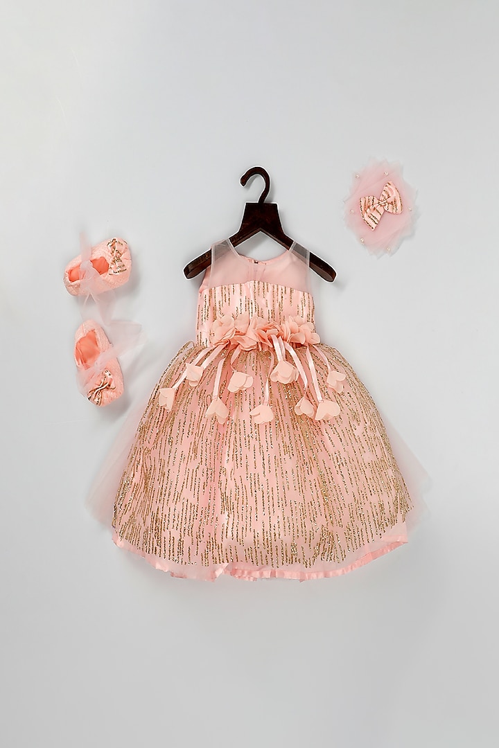 Peach Net Dress With Lace For Girls by Pink Cow