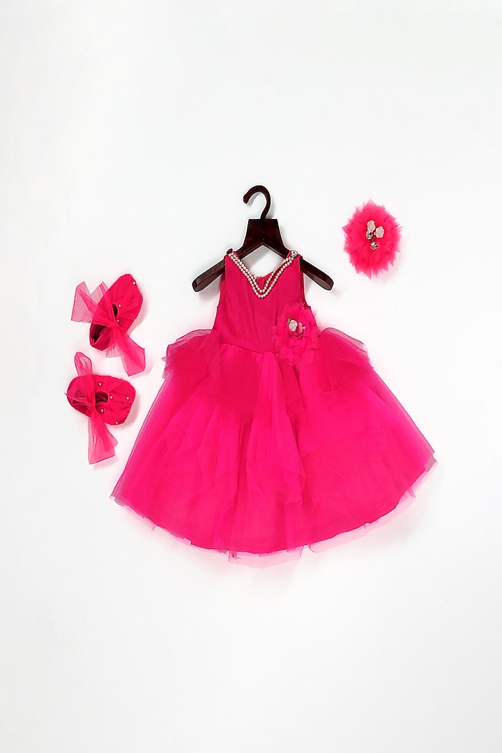 Pink Embellished Layered Dress For Girls by Pink Cow