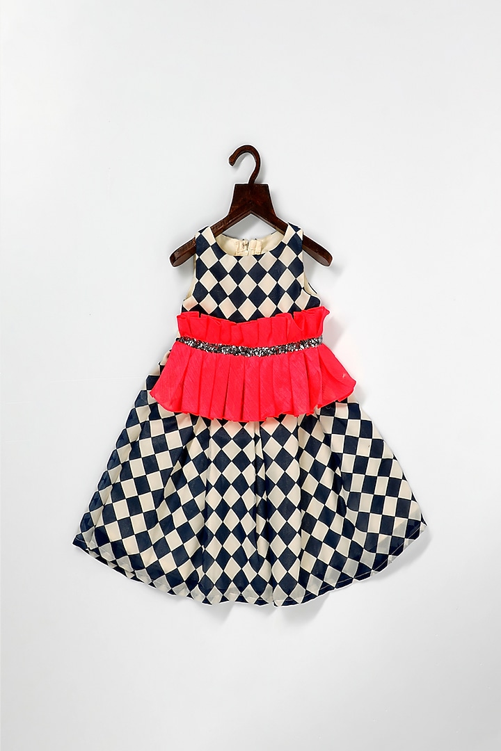 Navy Blue Checkered Dress For Girls by Pink Cow