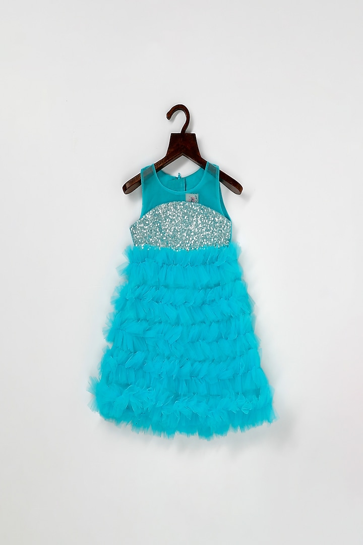 Blue Net Dress With Frills For Girls by Pink Cow