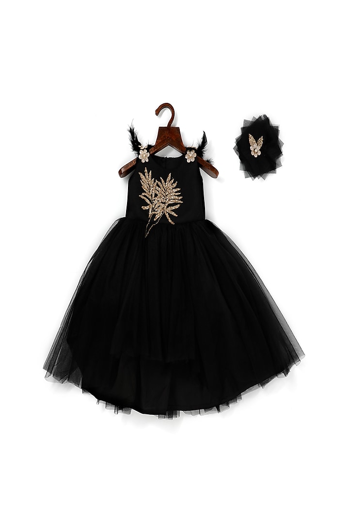 Black Net High-Low Ball Gown For Girls by Pink Cow