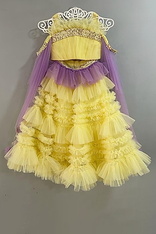 Yellow Velvet Lehenga Set For Girls by Pink Cow