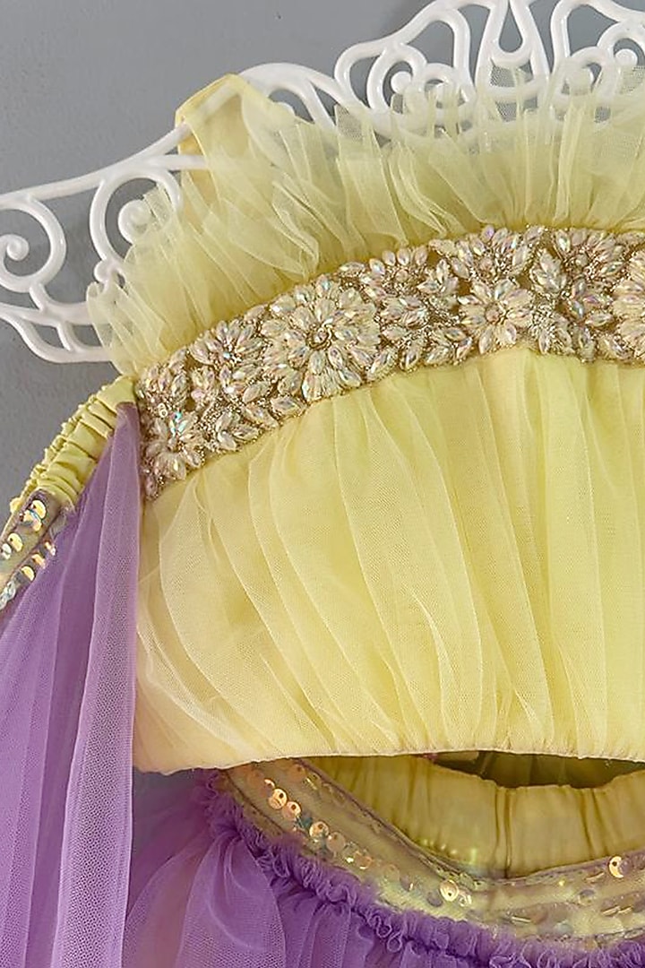 Yellow Velvet Lehenga Set For Girls by Pink Cow at Pernia's Pop Up Shop