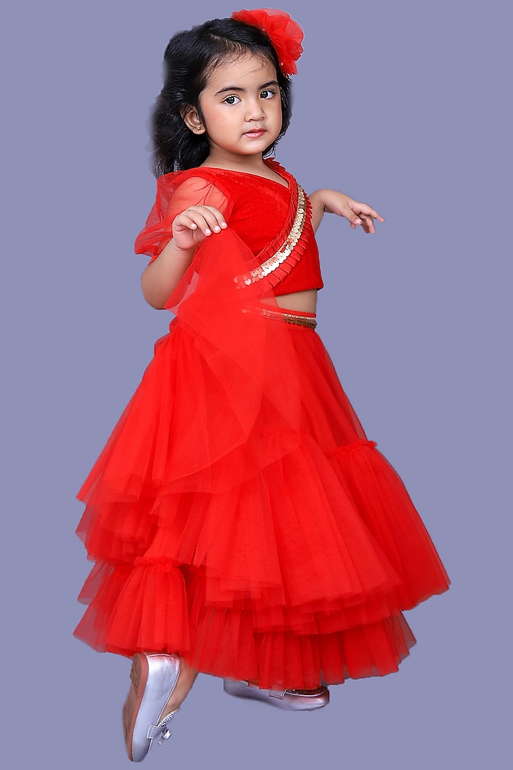 Red Net Lehenga Set For Girls by Pink Cow