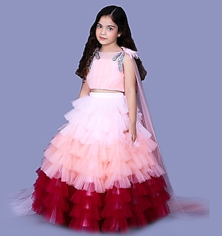 Muti-Coloured Velvet Lehenga Set For Girls by Pink Cow