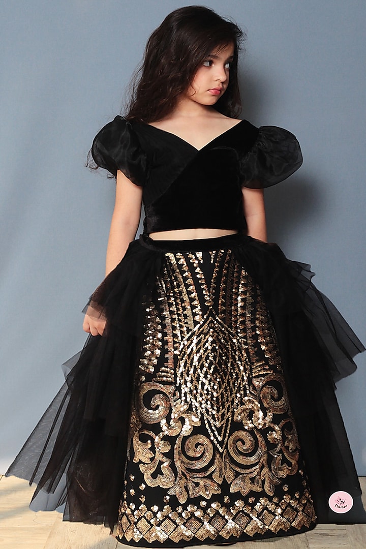 Black & Gold Embroidered Lehenga Set For Girls by Pink Cow