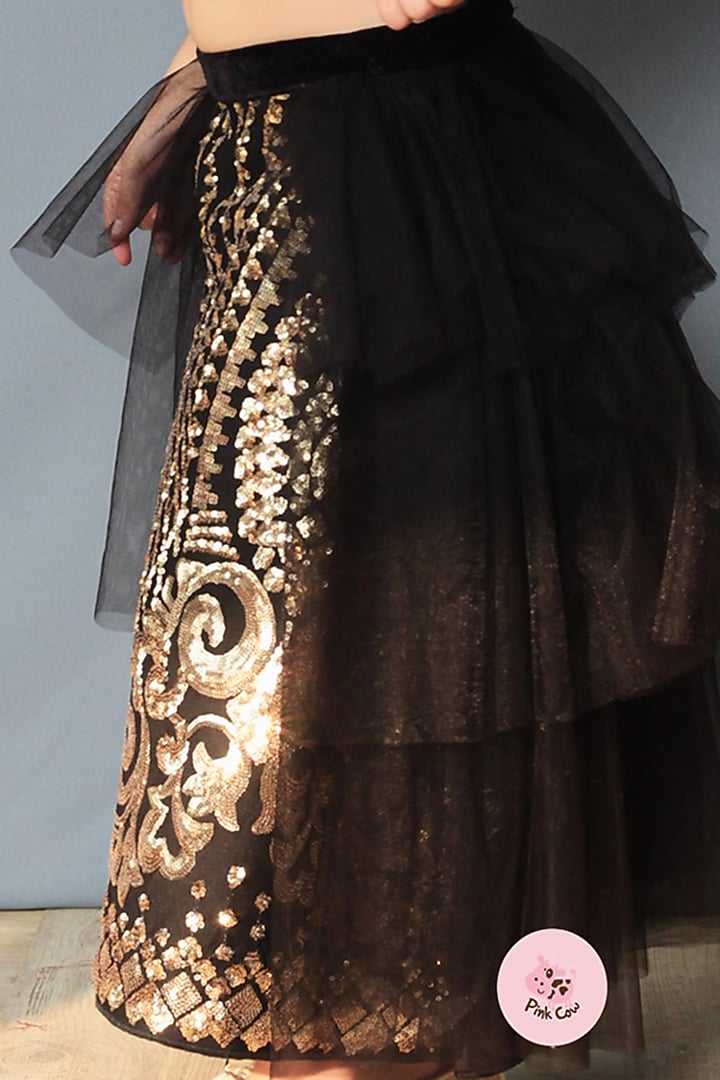 Black & Gold Embroidered Lehenga Set For Girls by Pink Cow at Pernia's Pop Up Shop