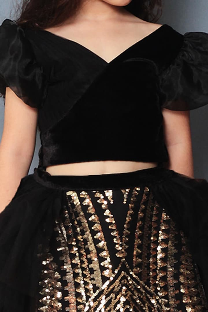 Black & Gold Embroidered Lehenga Set For Girls by Pink Cow at Pernia's Pop Up Shop