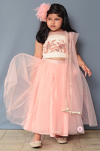 Peach Organza Lehenga Set For Girls by Pink Cow