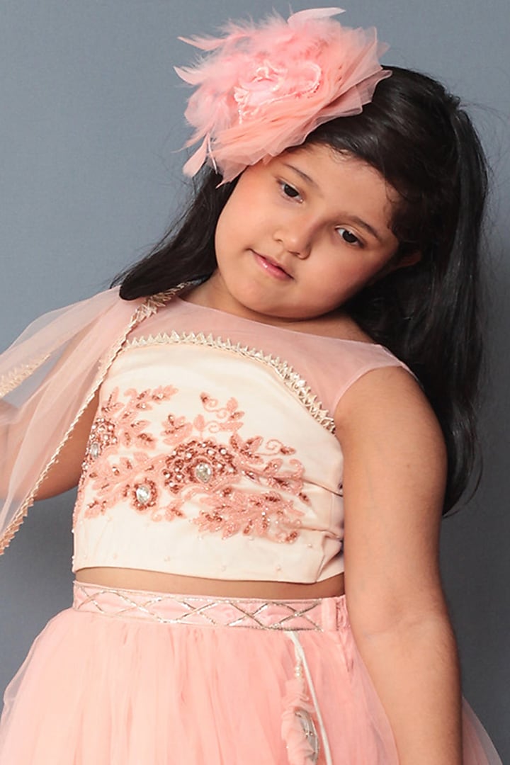 Peach Organza Lehenga Set For Girls by Pink Cow at Pernia's Pop Up Shop