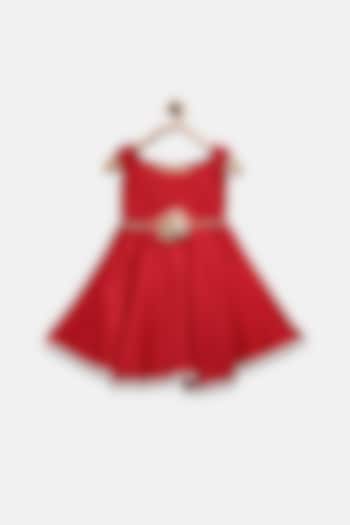 Red Knee Length Dress With Broach For Girls by Pink Cow