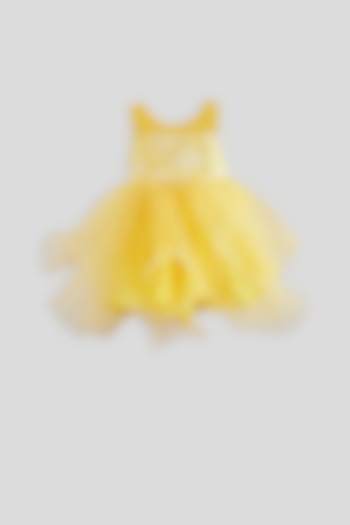 Yellow Knee Length Dress With Pearl Detailing For Girls by Pink Cow