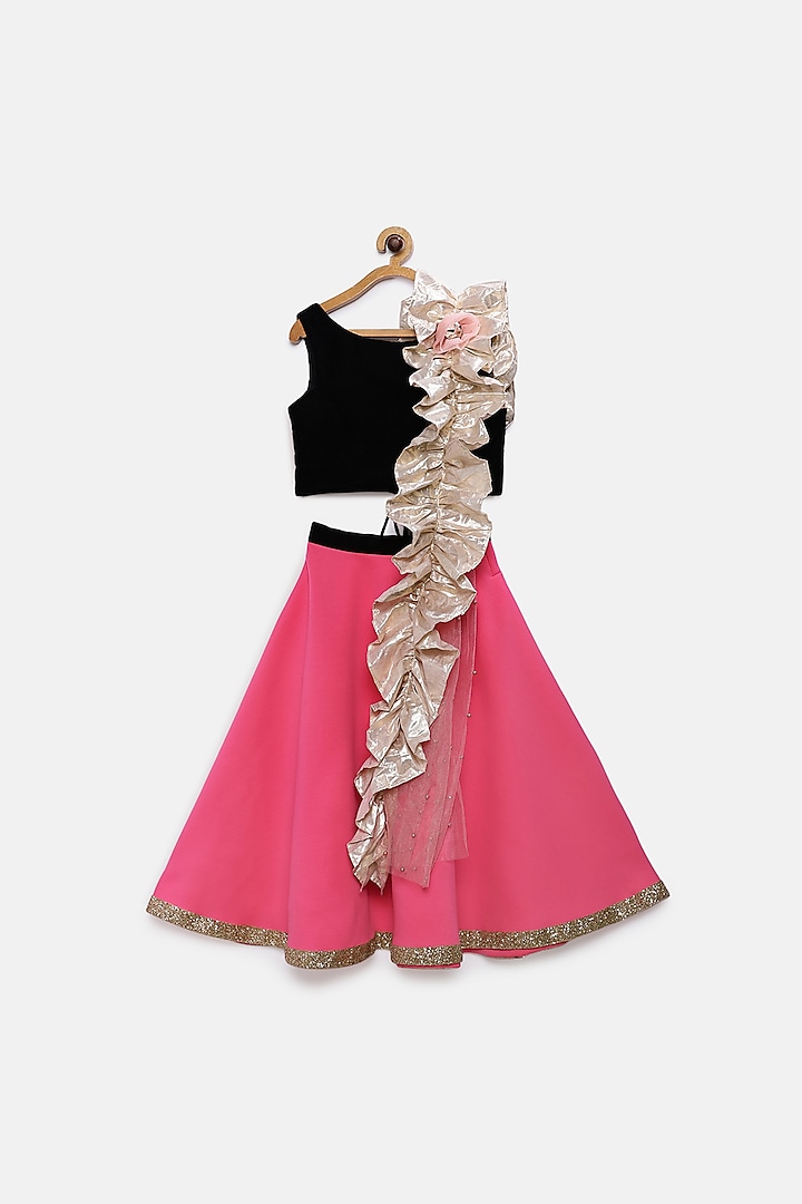 Candy Pink & Black Lehenga Set For Girls by Pink Cow