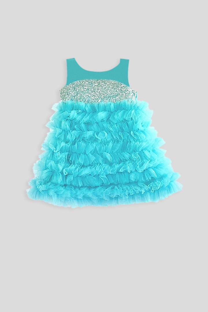 Sky Blue & Silver Ruffled Dress For Girls by Pink Cow