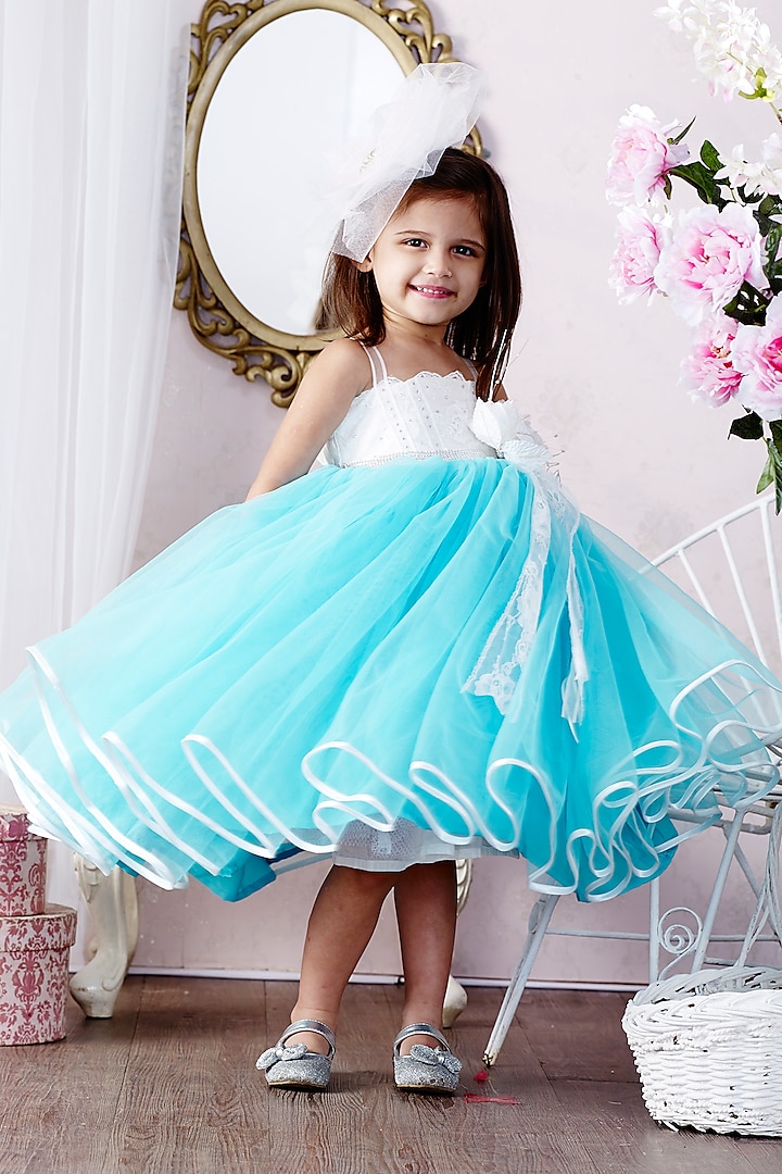 White & Blue Floral Gown For Girls by Pink Cow