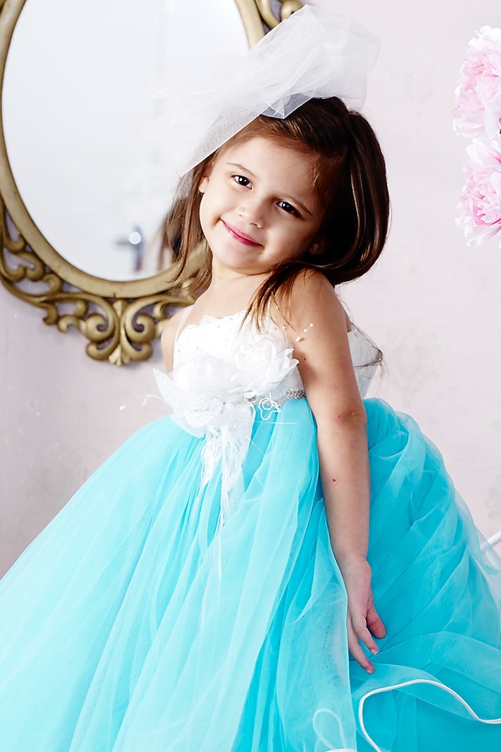 White & Blue Floral Gown For Girls by Pink Cow at Pernia's Pop Up Shop