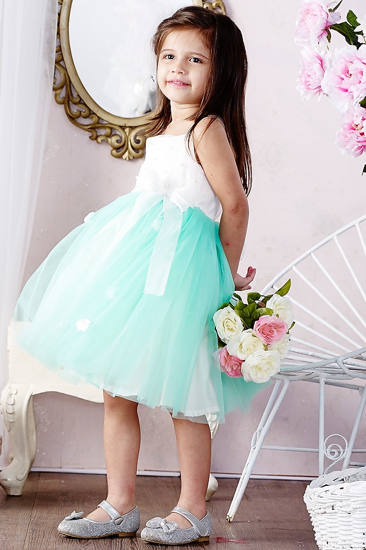 White & Blue Dress With Bow For Girls by Pink Cow