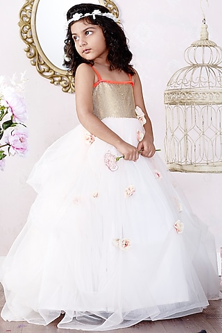 White & Gold Floral Embelished Dress For Girls by Pink Cow