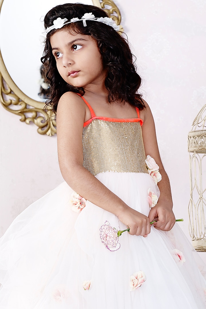 White & Gold Floral Embelished Dress For Girls by Pink Cow at Pernia's Pop Up Shop