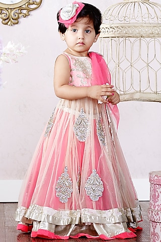 Pink & White Ghagra Set For Girls by Pink Cow