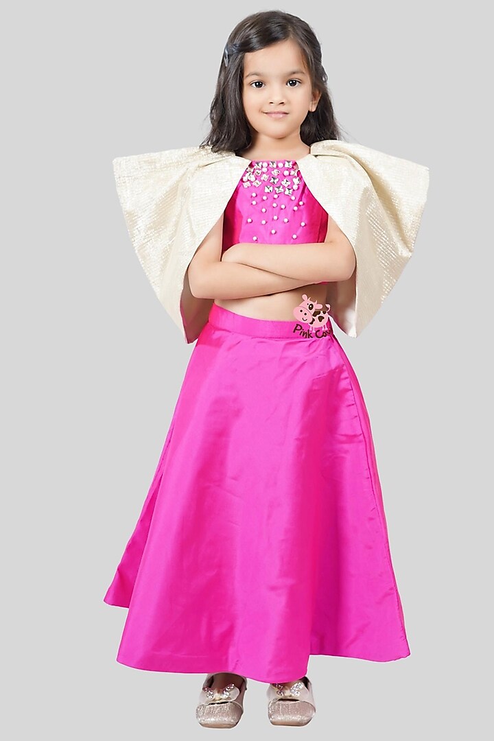 Hot Pink Silk & Taffeta Skirt Set For Girls by Pink Cow at Pernia's Pop Up Shop