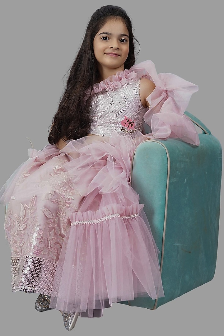 Old Rose Tulle & Net Embellished Skirt Set For Girls by Pink Cow at Pernia's Pop Up Shop