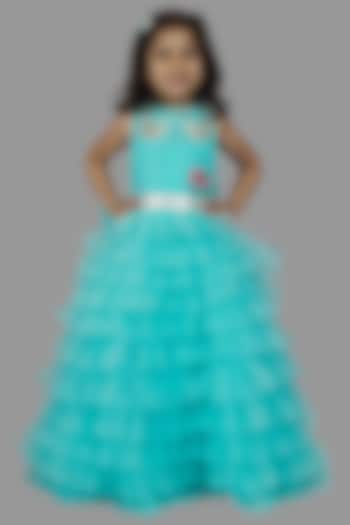 Blue Buttercrepe & Net Ruffled Gown For Girls by Pink Cow at Pernia's Pop Up Shop