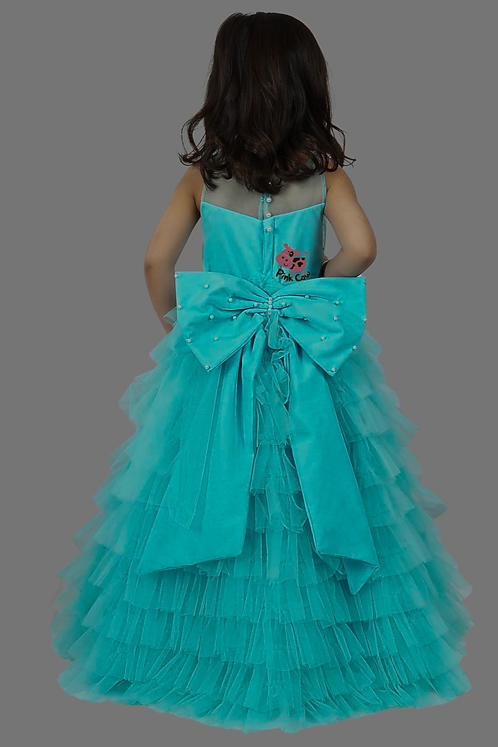 Blue Buttercrepe & Net Ruffled Gown For Girls by Pink Cow at Pernia's Pop Up Shop