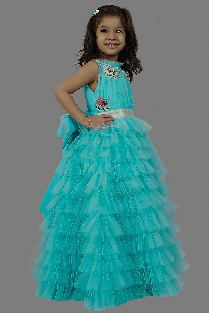 Blue Buttercrepe & Net Ruffled Gown For Girls by Pink Cow at Pernia's Pop Up Shop