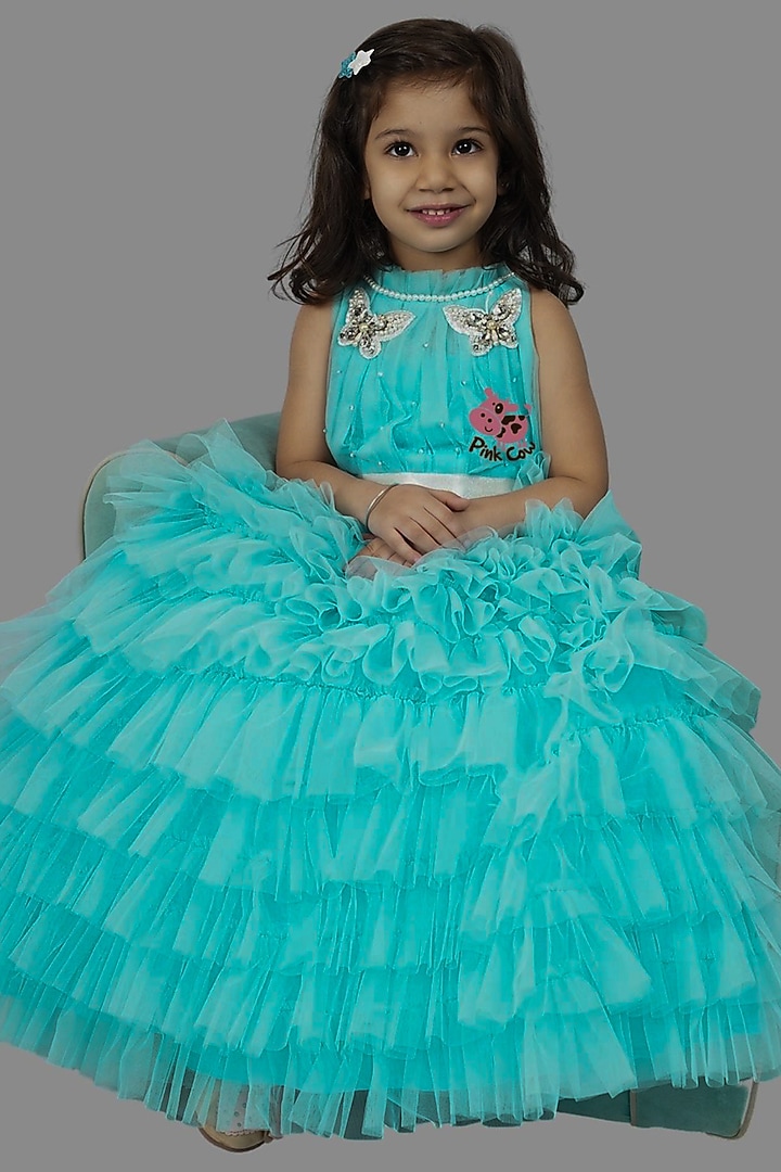 Blue Buttercrepe & Net Ruffled Gown For Girls by Pink Cow at Pernia's Pop Up Shop