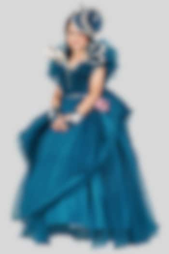 Teal Blue Buttercrepe & Net Ruched Gown For Girls by Pink Cow at Pernia's Pop Up Shop