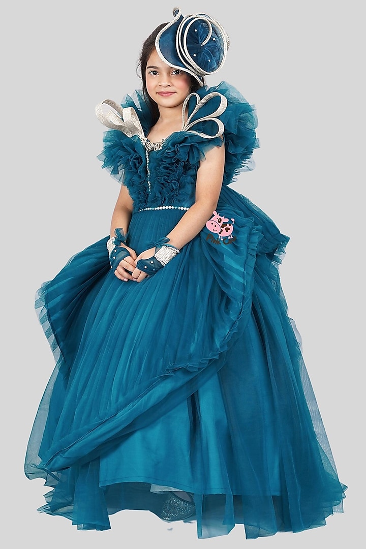 Teal Blue Buttercrepe & Net Ruched Gown For Girls by Pink Cow at Pernia's Pop Up Shop