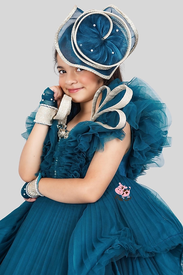 Teal Blue Buttercrepe & Net Ruched Gown For Girls by Pink Cow at Pernia's Pop Up Shop