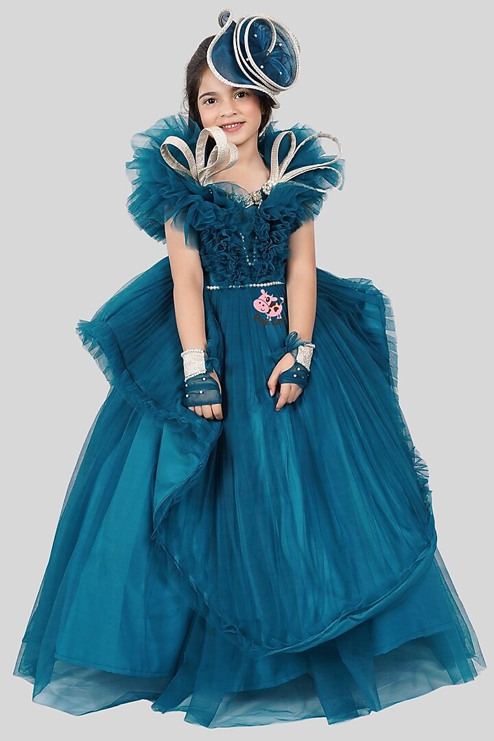 Teal Blue Buttercrepe & Net Ruched Gown For Girls by Pink Cow at Pernia's Pop Up Shop