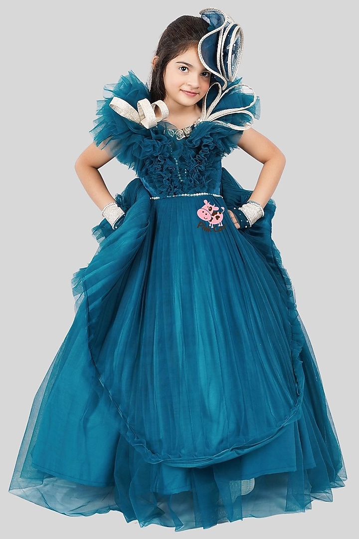 Teal Blue Buttercrepe & Net Ruched Gown For Girls by Pink Cow at Pernia's Pop Up Shop
