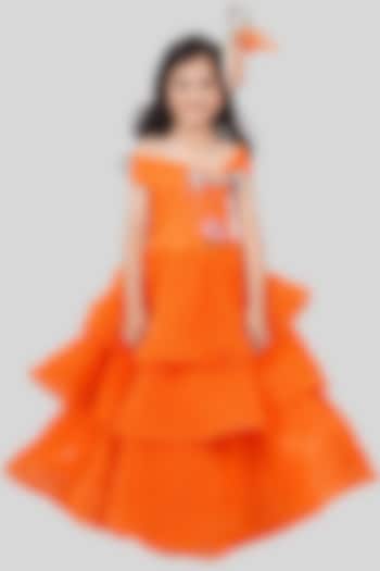 Orange Buttercrepe & Net Tiered Ruffled Gown For Girls by Pink Cow at Pernia's Pop Up Shop