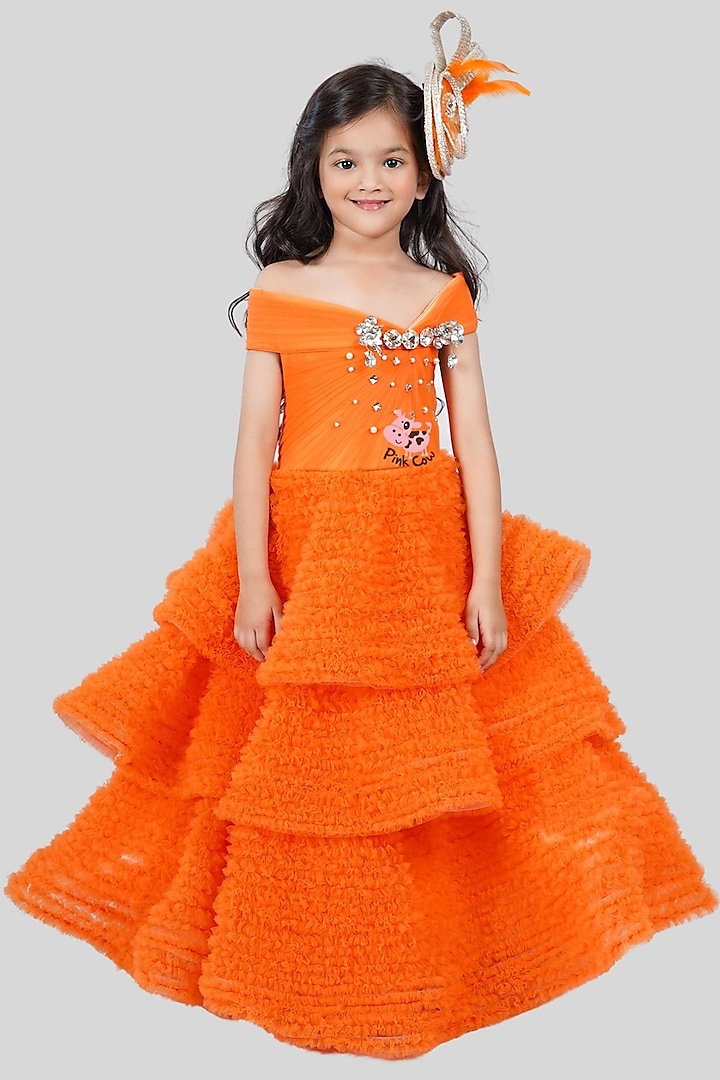 Orange Buttercrepe & Net Tiered Ruffled Gown For Girls by Pink Cow at Pernia's Pop Up Shop