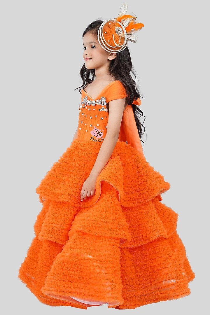 Orange Buttercrepe & Net Tiered Ruffled Gown For Girls by Pink Cow at Pernia's Pop Up Shop