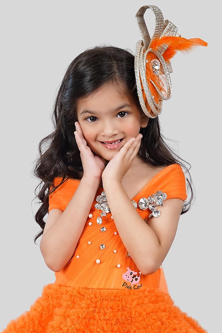 Orange Buttercrepe & Net Tiered Ruffled Gown For Girls by Pink Cow at Pernia's Pop Up Shop