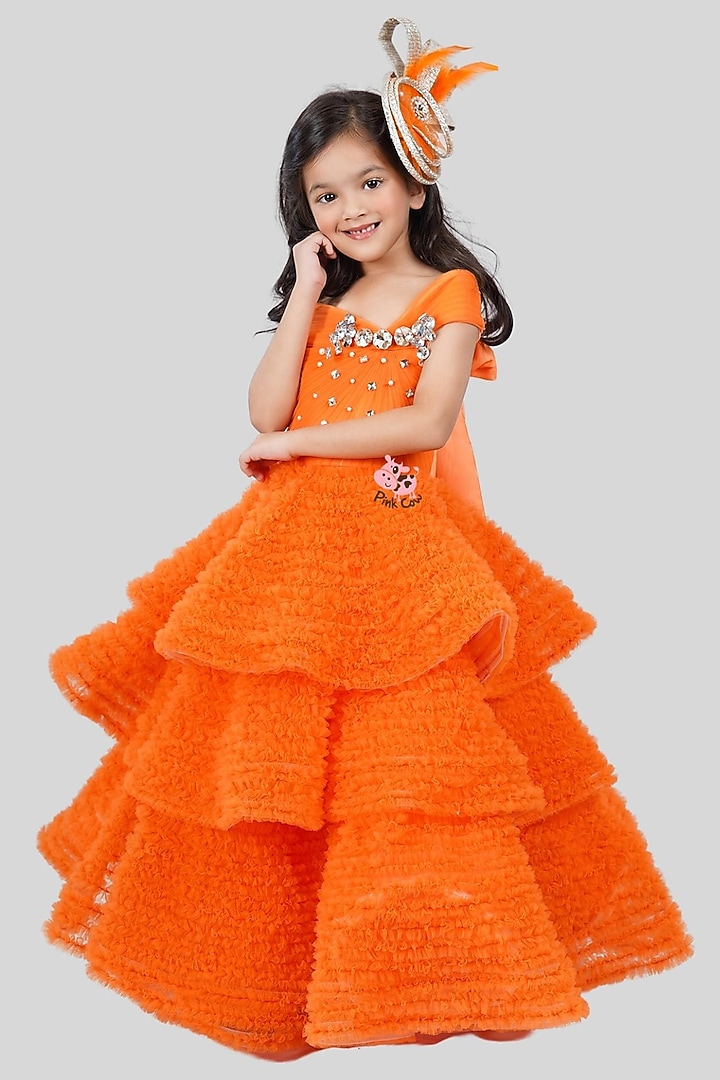 Orange Buttercrepe & Net Tiered Ruffled Gown For Girls by Pink Cow at Pernia's Pop Up Shop