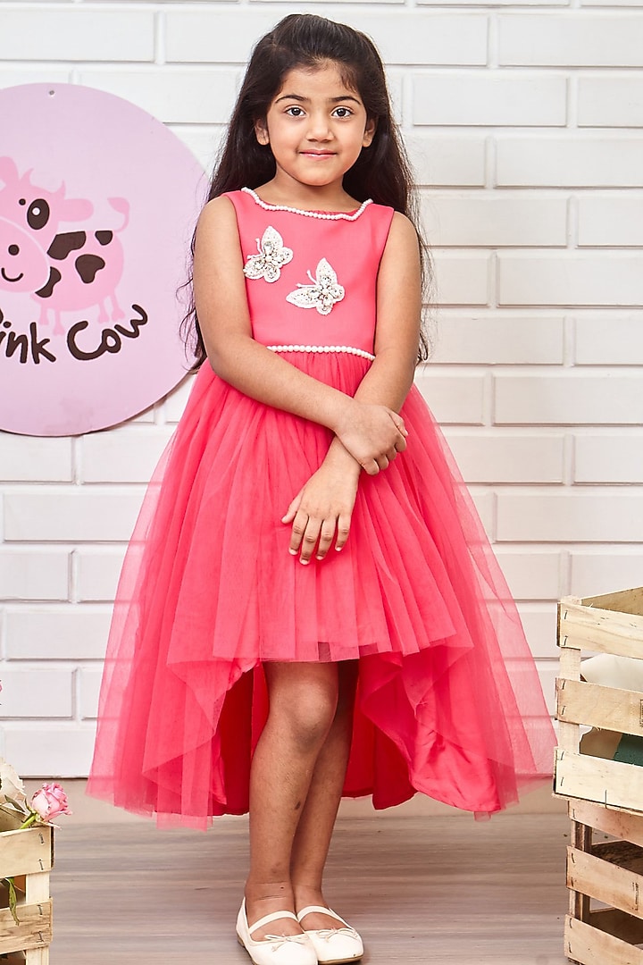 Pink Scuba & Tulle High-Low Gown For Girls by Pink Cow at Pernia's Pop Up Shop