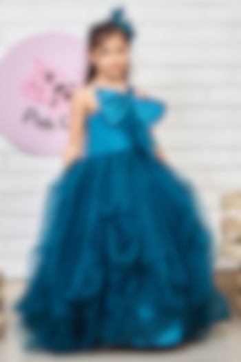 Teal Blue Taffeta & Net Draped Gown For Girls by Pink Cow at Pernia's Pop Up Shop