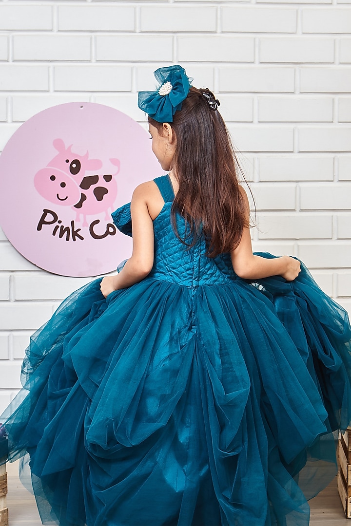 Teal Blue Taffeta & Net Draped Gown For Girls by Pink Cow at Pernia's Pop Up Shop