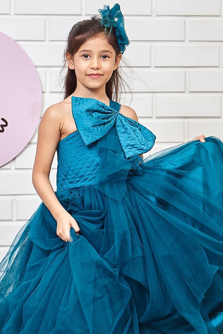Teal Blue Taffeta & Net Draped Gown For Girls by Pink Cow at Pernia's Pop Up Shop