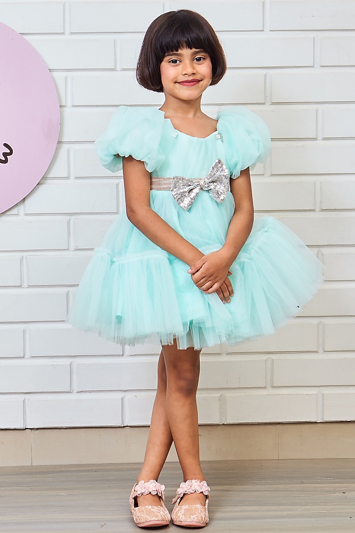 Aqua Blue Net & Scuba Frilled Dress For Girls by Pink Cow at Pernia's Pop Up Shop