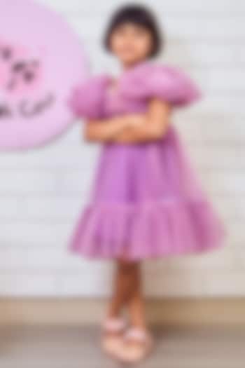 Lavender Net & Scuba Frilled Dress For Girls by Pink Cow
