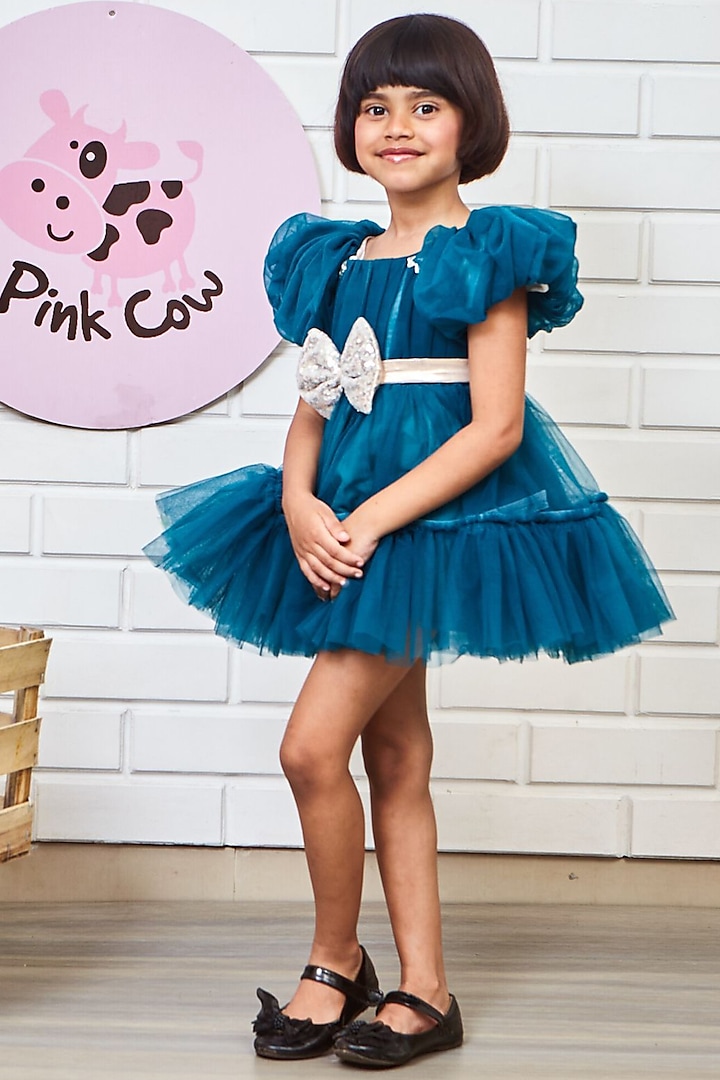 Blue Net & Scuba Frilled Dress For Girls by Pink Cow